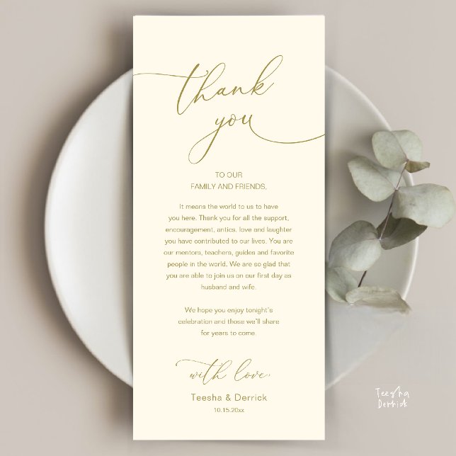 Modern Romantic Wedding Reception Thank You Card Programm (Modern Romantic Wedding Reception Thank You Card, plate decoration, in Yellow Gold)