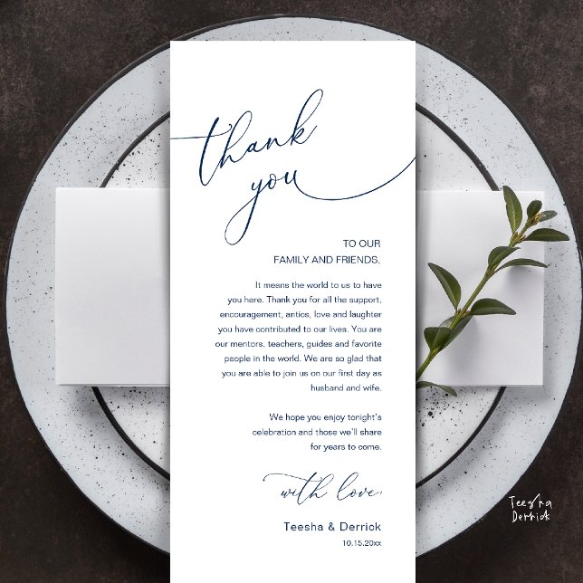 Modern Romantic Wedding Reception Thank You Card Programm (Modern Romantic Wedding Reception Thank You Card, plate decoration, in Classy Navy Blue)