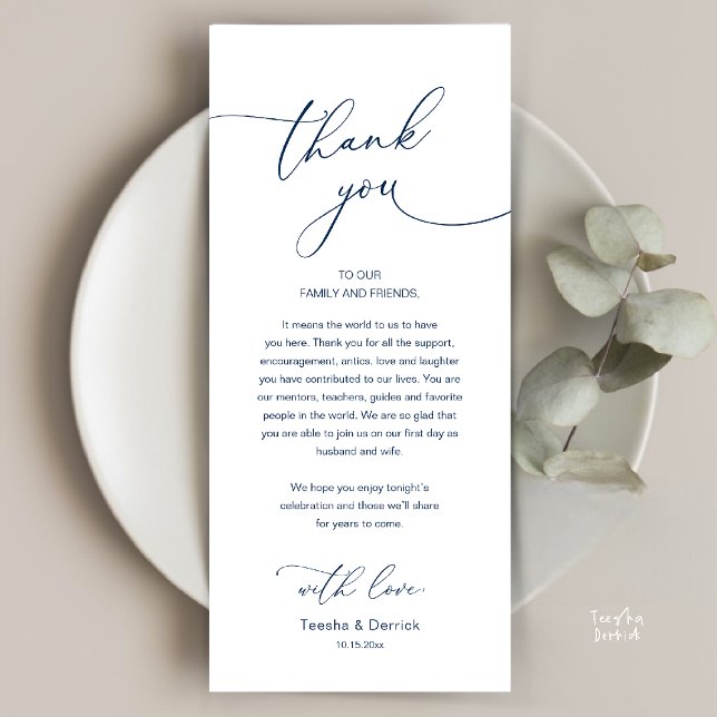 Modern Romantic Wedding Reception Thank You Card Programm (Modern Romantic Wedding Reception Thank You Card, plate decoration, in Classy Navy Blue)