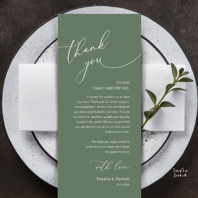 Modern Romantic Wedding Reception Thank You Card Programm (Modern Romantic Wedding Reception Thank You Card, plate decoration, in Sage Green)