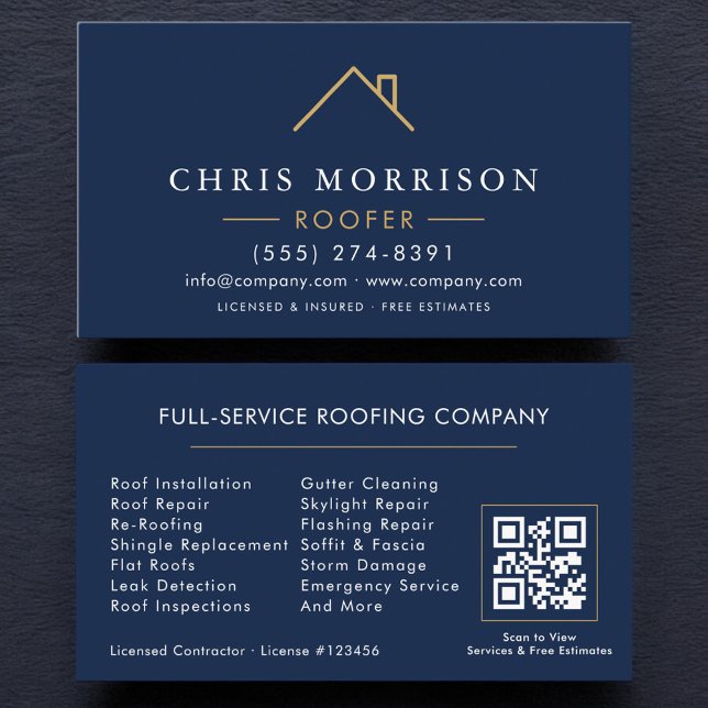 Modern Roofer Navy Blue Gold QR Code Visitenkarte (Von Creator hochgeladen)