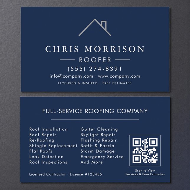 Modern Roofer Navy Blue Silver QR Code Visitenkarte (Von Creator hochgeladen)