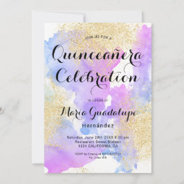 Modern rosa Aquarellgold Glitzer Quinceanera Einladung
