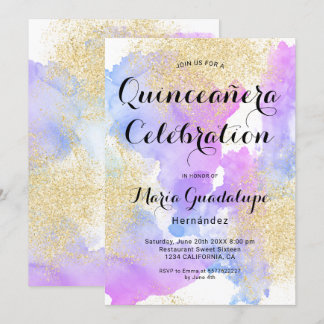 Modern rosa Aquarellgold Glitzer Quinceanera Einladung