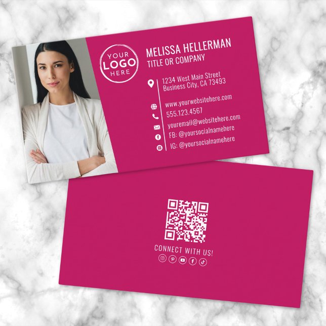 Modern rosa Berufliches QR-Foto-Logo Visitenkarte (Modern Pink Professional QR Code Photo Logo Business Card)