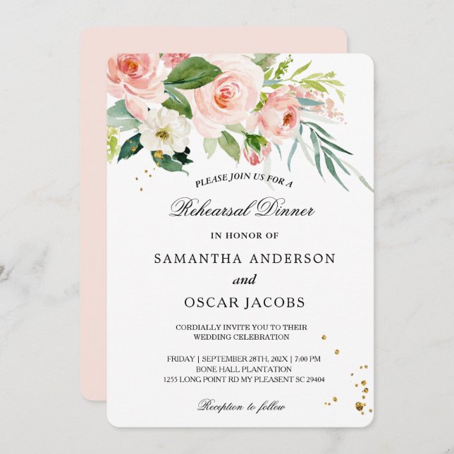 Modern rosa Blume & Blätter Einladung (Vorne/Hinten)