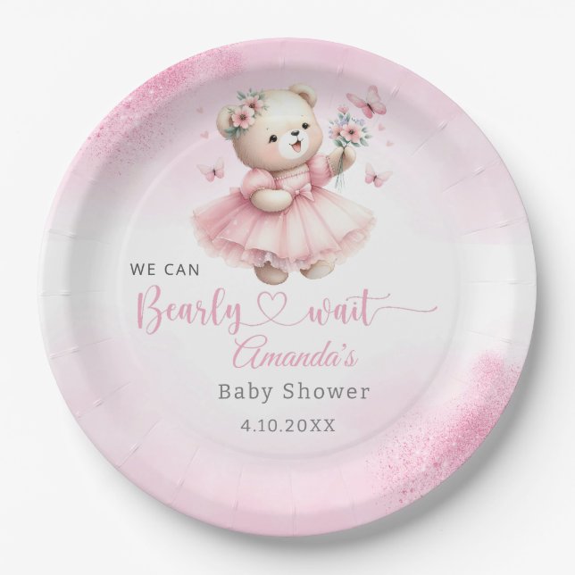 Modern rosa Boho Teddy Bear Mädchen Dusche Pappteller (Vorderseite)