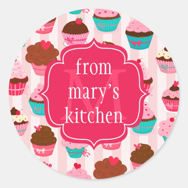 Modern rosa Cupcakes - Mit Monogramm Lebensmittele Runder Aufkleber (Vorderseite)