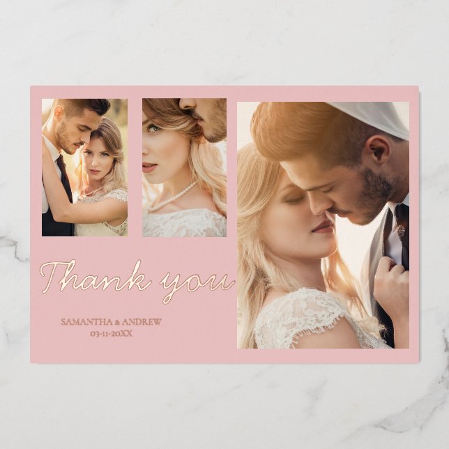Modern rosa danke Ihnen 4 Foto Hochzeit Einladung (Vorderseite)