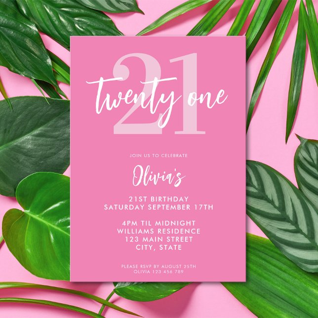 Modern rosa Elegant 21. Geburtstag Einladung (Modern Pink Elegant 21st Birthday Invitation)