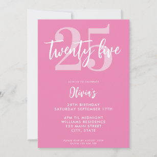 Modern rosa Elegant 25. Geburtstag Einladung