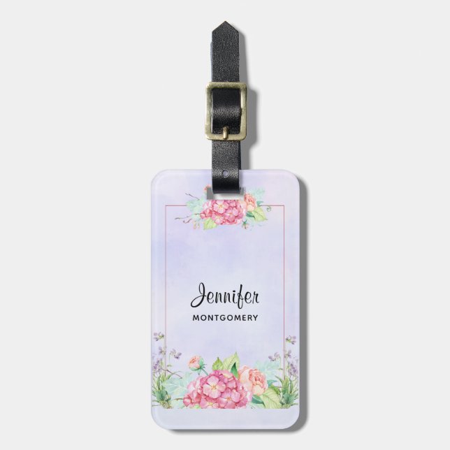 Modern rosa, florale Rahmenfarben Gepäckanhänger (Vorderseite vertikal)