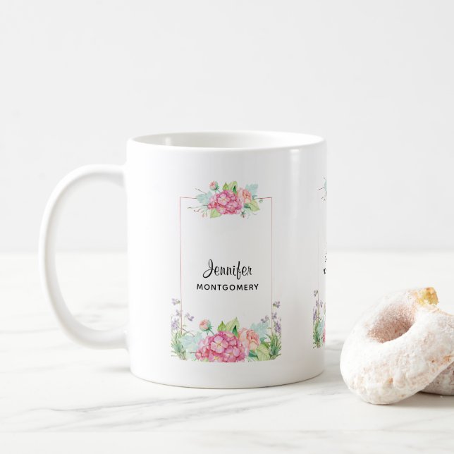 Modern rosa, florale Rahmenfarben Kaffeetasse (Mit Donut)