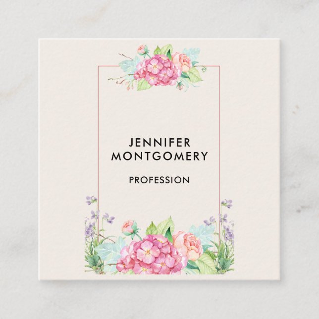 Modern rosa, florale Rahmenfarben Quadratische Visitenkarte (Vorderseite)