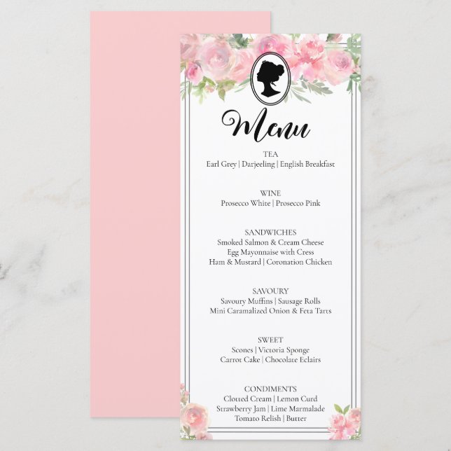 Modern rosa Florals Bridgerton Brautparty Menu Menükarte (Vorne/Hinten)