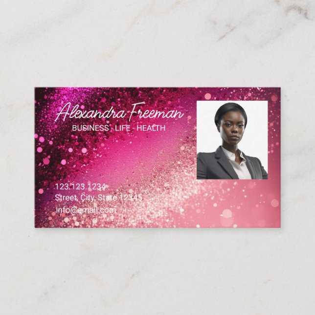 Modern rosa Glitzer Foto Template Insurance Agent Visitenkarte (Vorderseite)