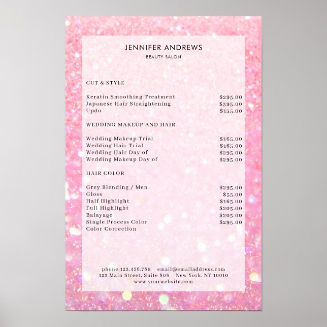 Modern, rosa Glitzer Salon Preisliste Poster (Vorne)