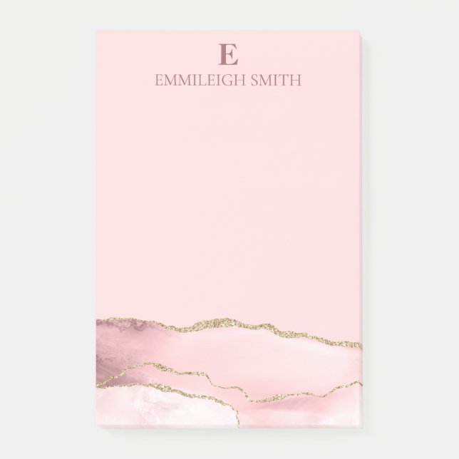 Modern rosa Goldbarren-Marmormonogramm Post-it Klebezettel (Vorderseite)
