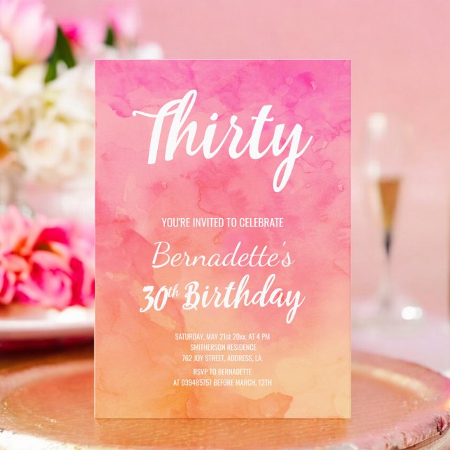 Modern rosa Korallenwasserfarbe ombre 30. Geburtst Einladung (Modern pink coral watercolor ombre 30th Birthday Invitation)