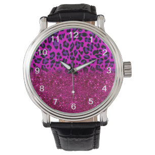 Modern rosa Lila Glitzer Leopard Armbanduhr