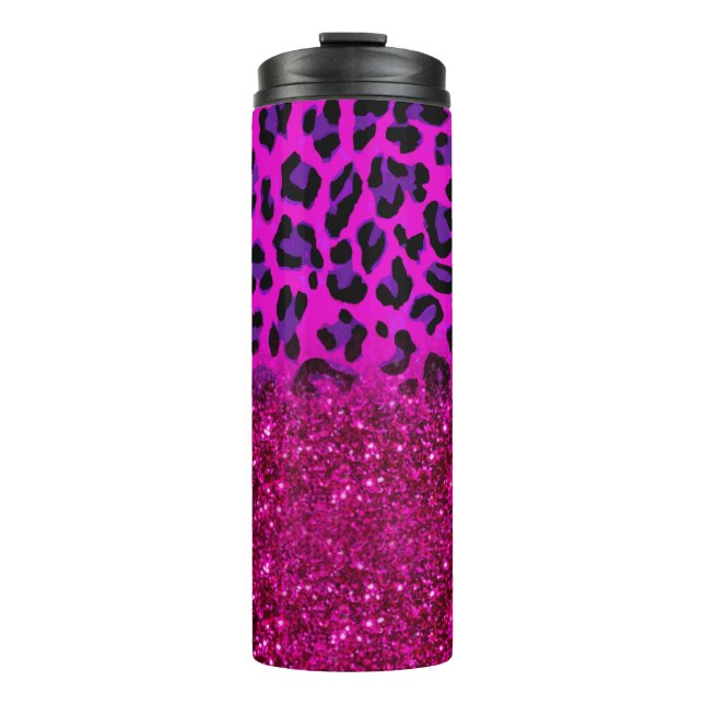 Modern rosa Lila Glitzer Leopard Thermosbecher (Vorderseite)