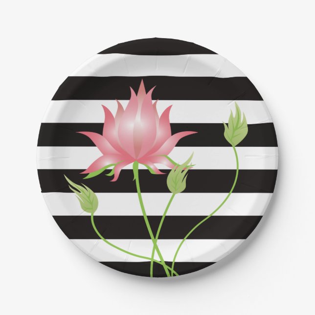 Modern rosa Lotus Floral Streifen Pappteller (Vorderseite)
