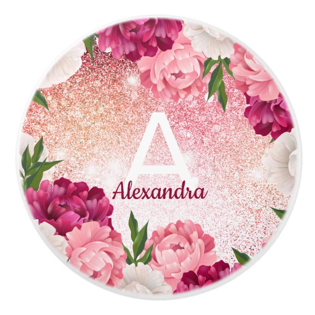 Modern rosa Monogram Glitzer Floral Keramikknauf (Vorderseite)