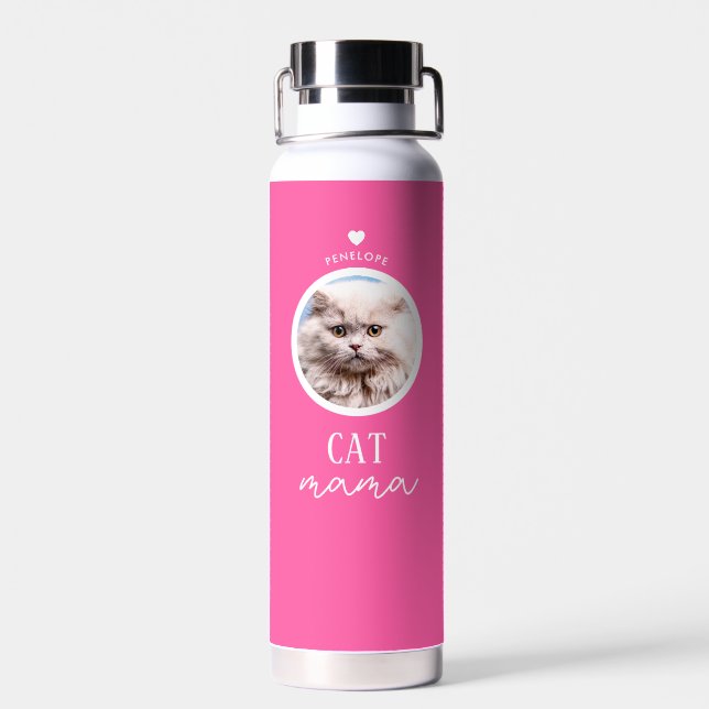 Modern rosa Personalisiert Cat Mama Custom Foto Trinkflasche (Rückseite)