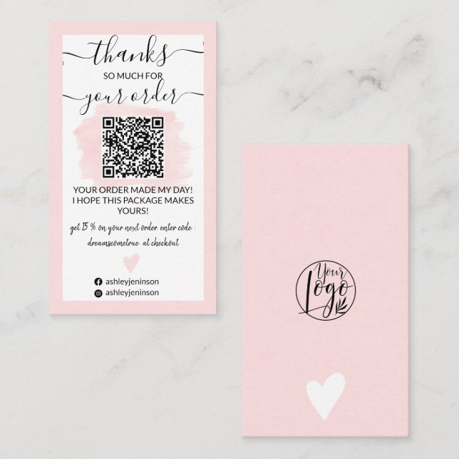 Modern rosa Pinselstrich Logo Qr Code Vielen Dank Visitenkarte (Vorne/Hinten)