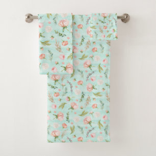 Modern rosa Rose Bud Mint Strip Muster Badhandtuch Set