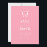 Modern rosa Save the Date<br><div class="desc">Verkünden Sie Ihre Verlobung mit dieser minimalen Hochzeit speichern Sie das Datum Einladungen. Sie zeichnen sich durch eine Mischung aus klassischer Schrift und Schriftzeichen in Weiß aus, die auf einem angesagten rosa Hintergrund mit einem Monogramm-Wappen oben dargestellt ist. Verwenden Sie die Vorlagenfelder, um Ihren Namen und Ihr Hochzeitsdatum anzupassen. Auch...</div>