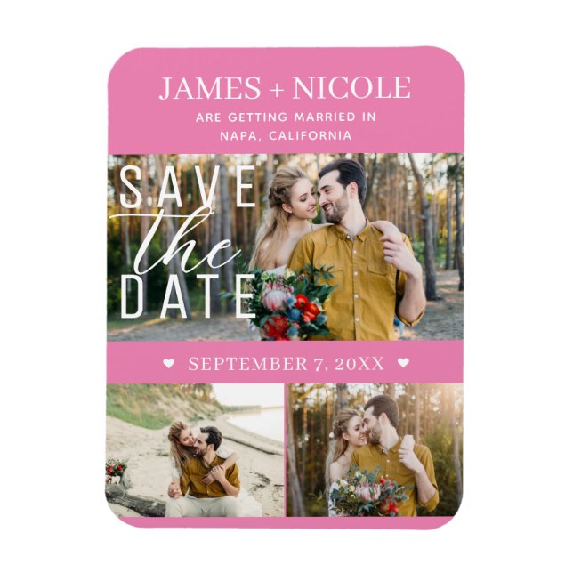 Modern rosa Save the Date Hochzeit 3 Fotos Magnet (Vertikal)