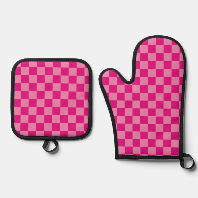 Modern rosa Schachbrett Ofenhandschuh & Topflappen-Set (Vorderseite)