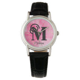 Modern rosa und goldmarmorierter Monogrammname Armbanduhr