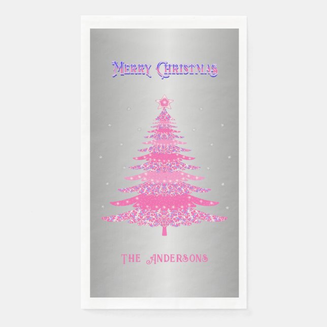 Modern rosa Weihnachtsbaum Name Custom Silver Foil Serviette (Vorderseite)