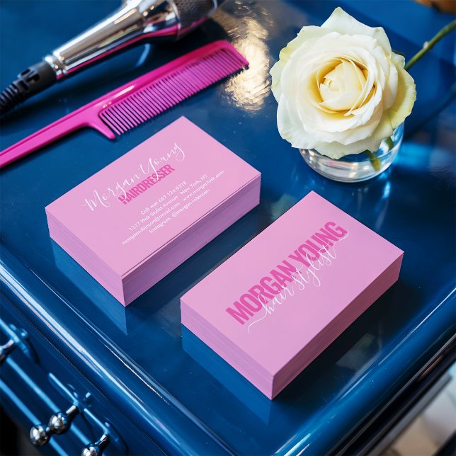 Modern rosa-weiße Haarstylist-Signatur Visitenkarte (Modern pink white hair stylist script signature)