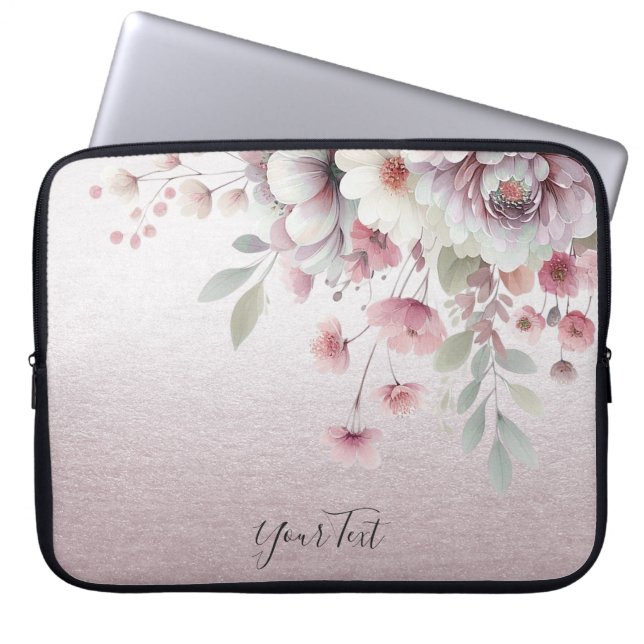 Modern rosa, weißer, floraler Laptop-Sieb Laptopschutzhülle (Vorderseite)