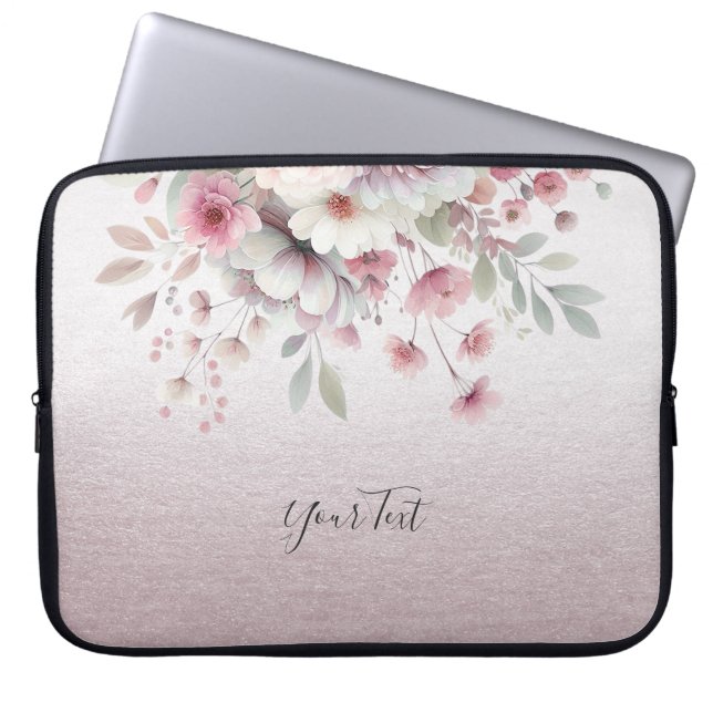 Modern rosa, weißer, floraler Laptop-Sieb Laptopschutzhülle (Vorderseite)