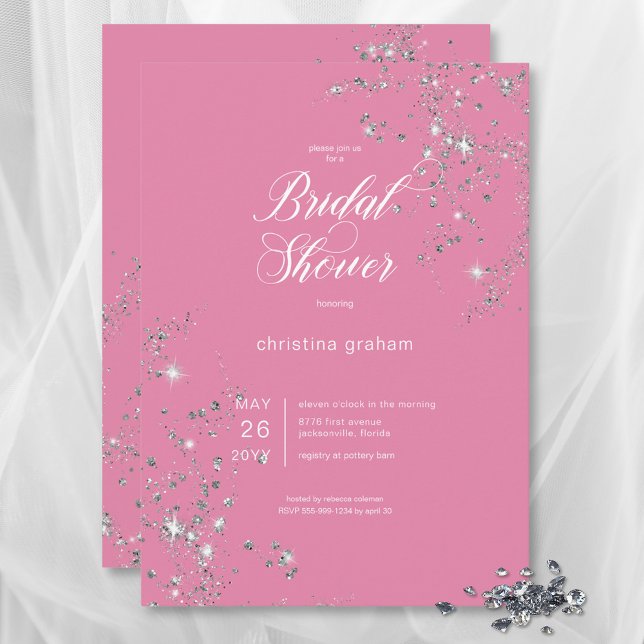 Modern rosa-weißes Glam Diamonds Brautparty Einladung (Modern Pink & White Glam Diamonds Bridal Shower Invitation)