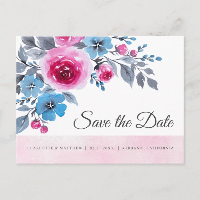 Modern rosafarbene Blütenfarbe Save the Date Ankündigungspostkarte (Vorderseite)
