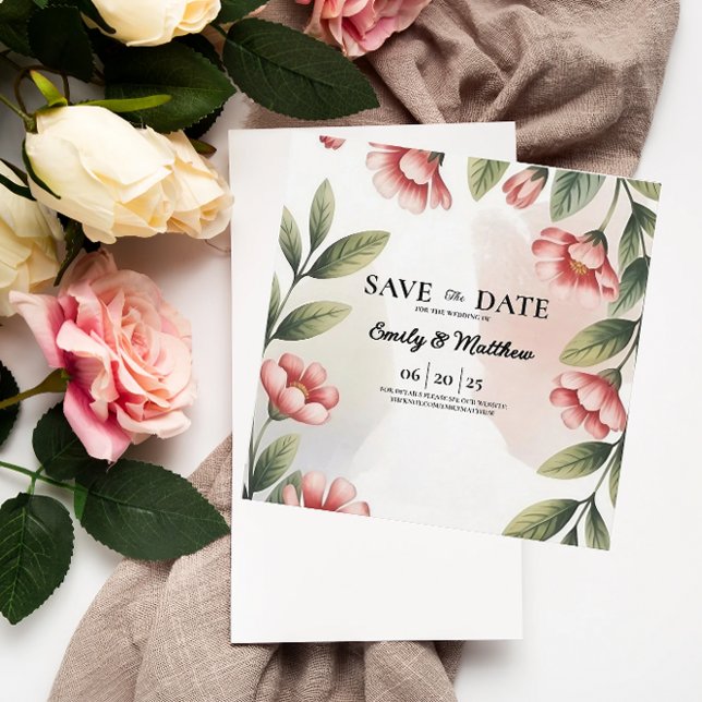 Modern rosafarbener Blumendesigner Save the Date (Von Creator hochgeladen)