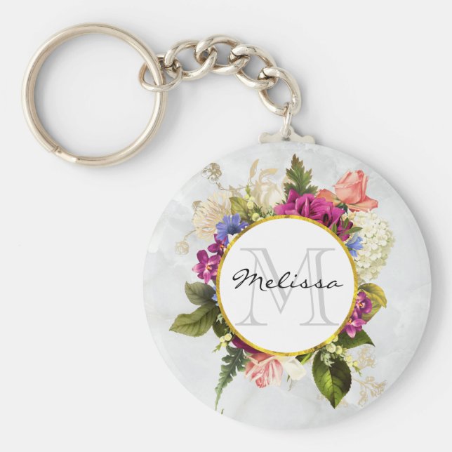 Modern rosafarbenes Blumenmotiv Schlüsselanhänger (Vorne)