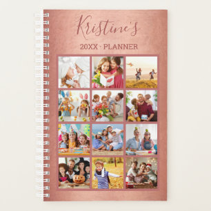 Modern Rose Gold 12 Photo Collage Rose Script 2022 Planer