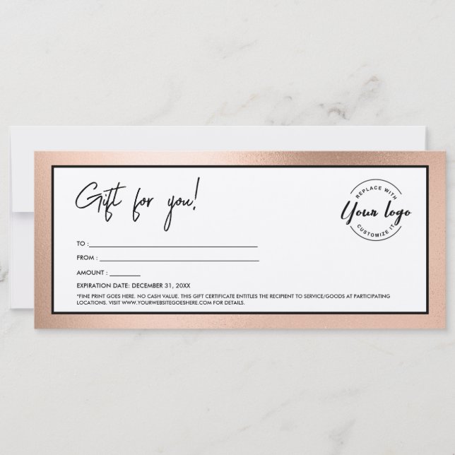 Modern Rose Gold Add Logo Gift Certificate Einladung (Vorderseite)