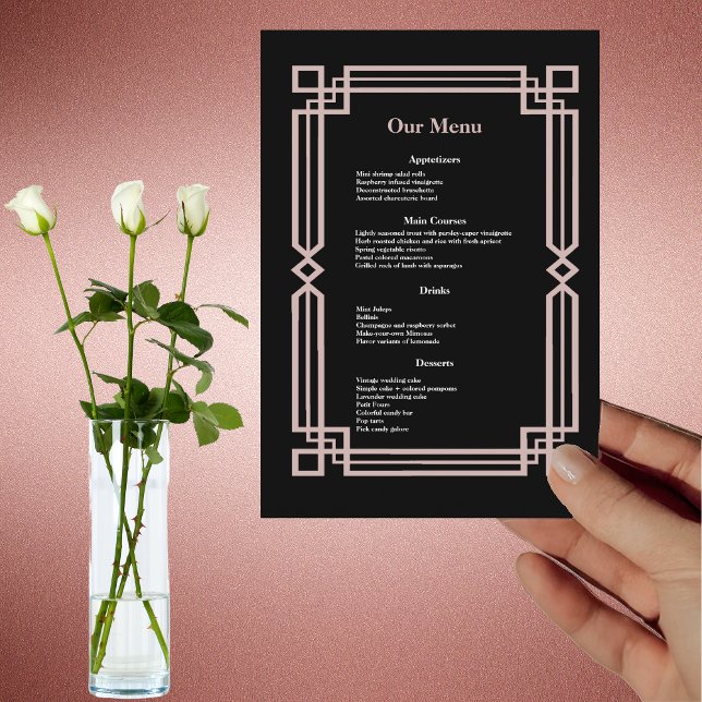 Modern Rose Gold Border Navy Black Wedding Dinner Menükarte (Von Creator hochgeladen)