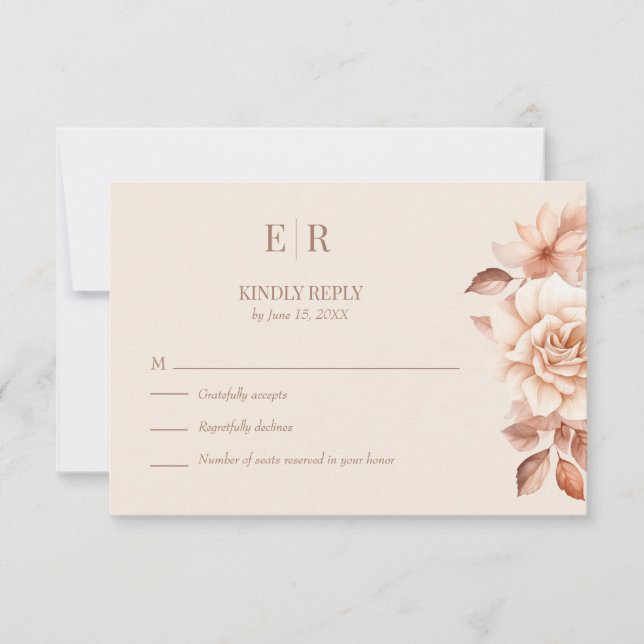 Modern Rose Gold Floral Monogram Wedding RSVP Card (Vorderseite)