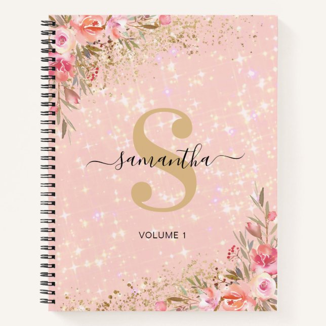Modern Rose Gold Floral Sketchbook Name Notizbuch (Vorderseite)
