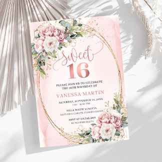 Modern Rose Gold Flowers Eucalyptus 16th Birthday  Einladung