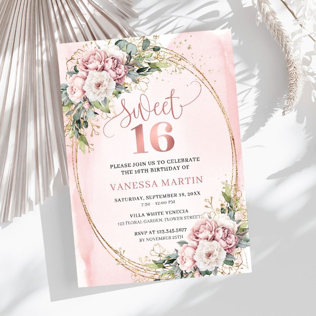 Modern Rose Gold Flowers Eucalyptus 16th Birthday  Einladung (Modern Rose Gold Flowers Eucalyptus 16th Birthday Invitation

)