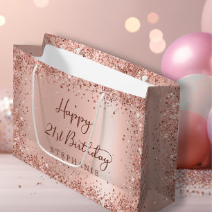 Modern Rose Gold Glitzer Monogram 21. Geburtstag Große Geschenktüte